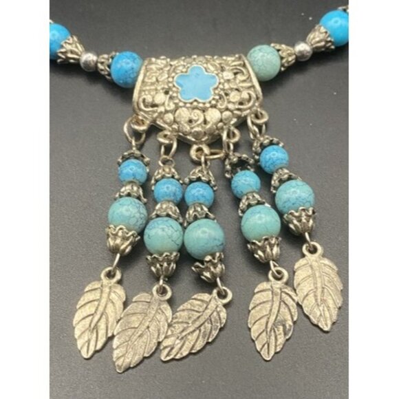 Faux Turquoise Beads Necklace Tibetan Silver Leaves Tribal Lady's Torque 14-17" - Picture 2 of 8